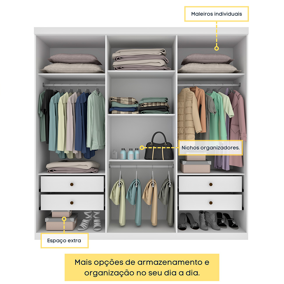 Guarda-Roupa Casal Paradiso com Pés 6 Portas 4 Gavetas Neve 219 cm