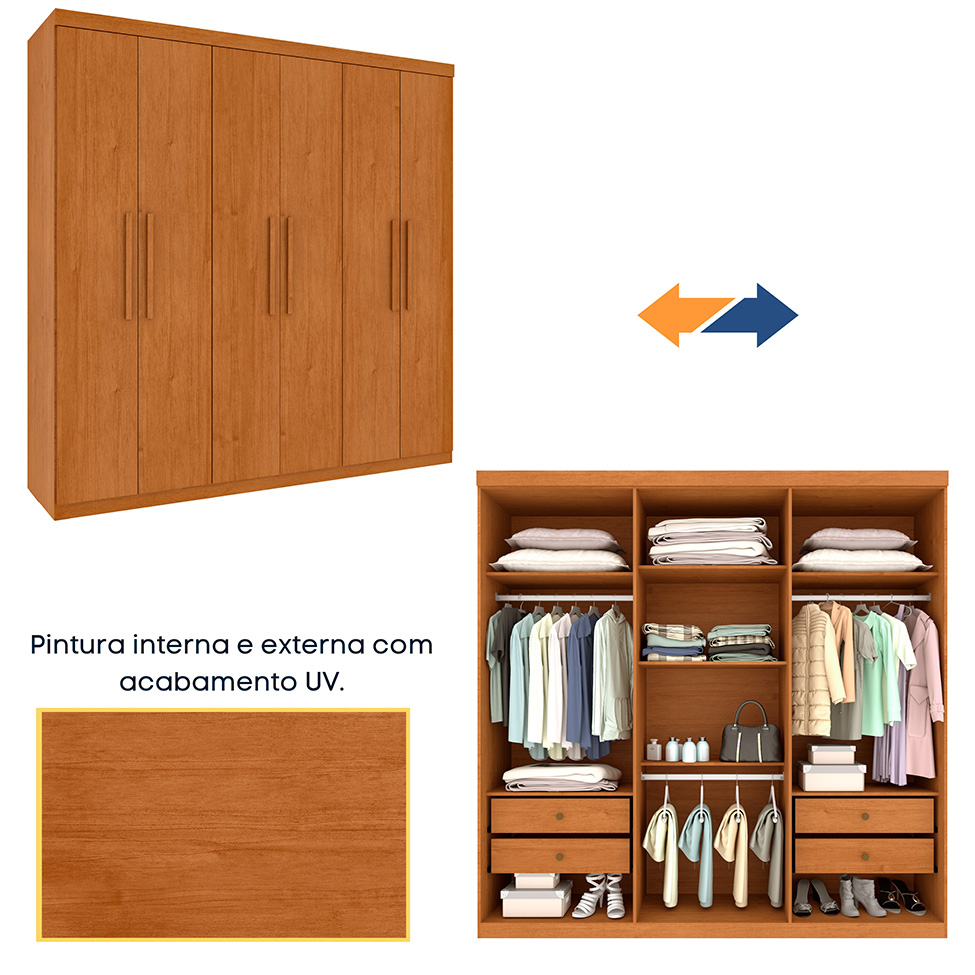Guarda-Roupa Casal Paradiso sem Pés 6 Portas 4 Gavetas Cinamomo 219 cm
