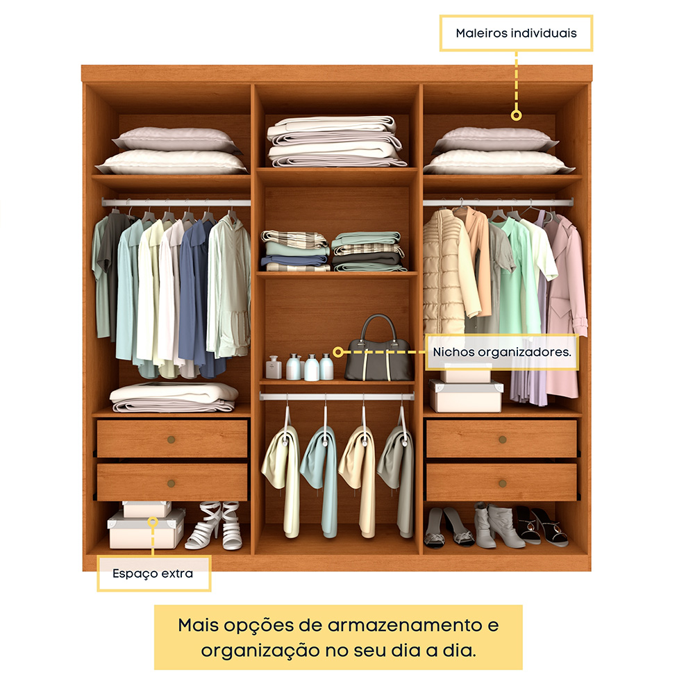 Guarda-Roupa Casal Paradiso sem Pés 6 Portas 4 Gavetas Cinamomo 219 cm