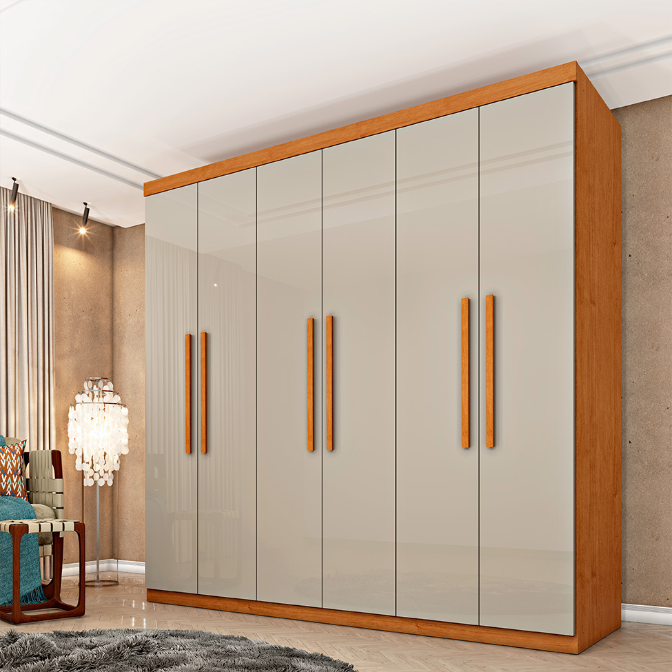 Guarda-Roupa Casal Paradiso sem Pés 6 Portas 4 Gavetas Cinamomo e Off White 219 cm