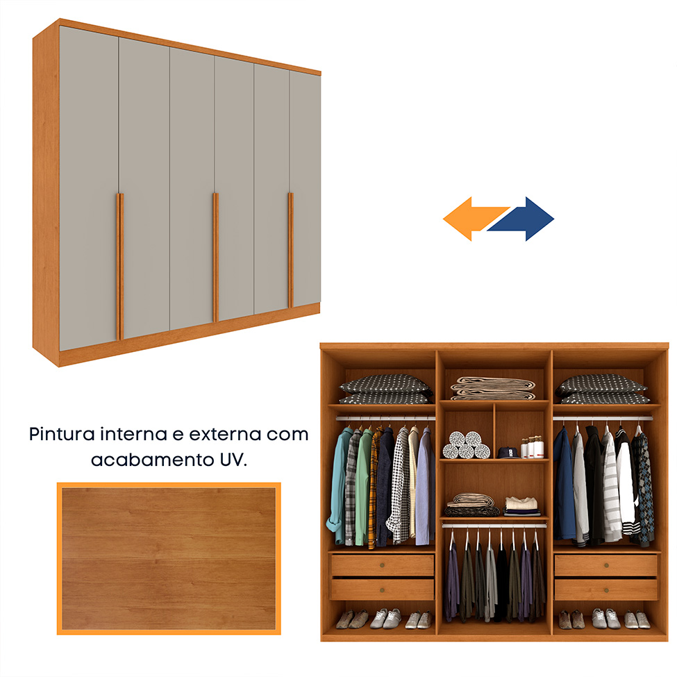 Guarda-Roupa Casal Paradiso sem Pés 6 Portas 4 Gavetas Cinamomo e Off White 270 cm