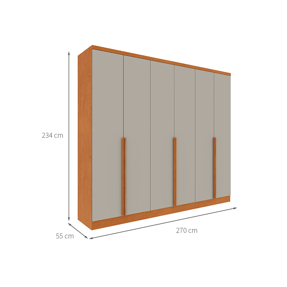 Guarda-Roupa Casal Paradiso sem Pés 6 Portas 4 Gavetas Cinamomo e Off White 270 cm