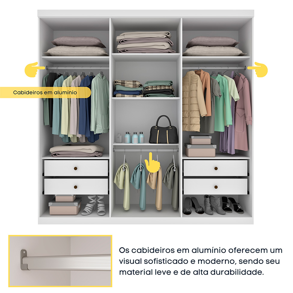 Guarda-Roupa Casal Paradiso sem Pés 6 Portas 4 Gavetas Neve 219 cm