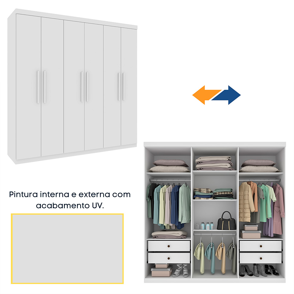 Guarda-Roupa Casal Paradiso sem Pés 6 Portas 4 Gavetas Neve 219 cm