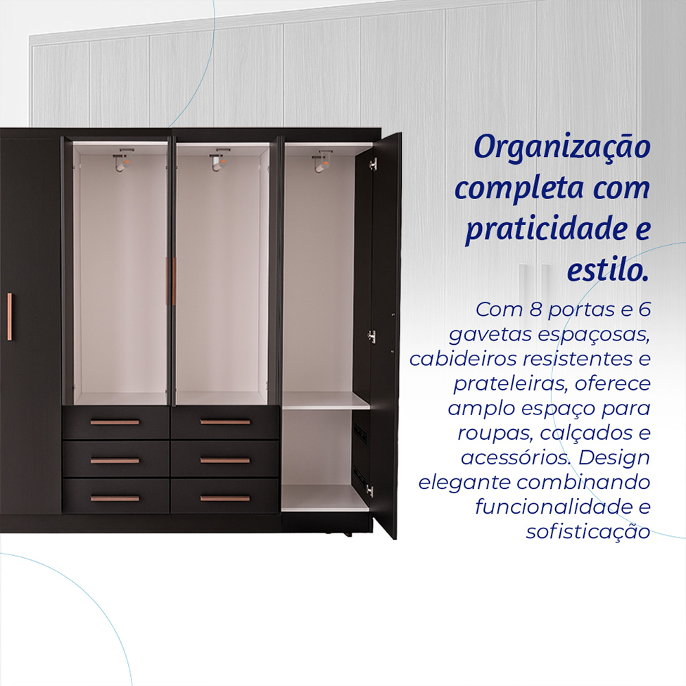 Guarda-Roupa Casal Paris 8 Portas 6 Gavetas Preto