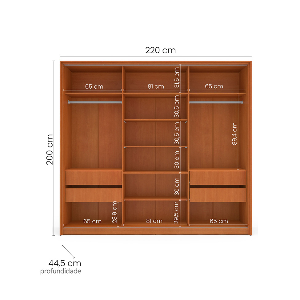 Guarda-Roupa Casal Porto 3 Portas 4 Gavetas Freijó e Creme