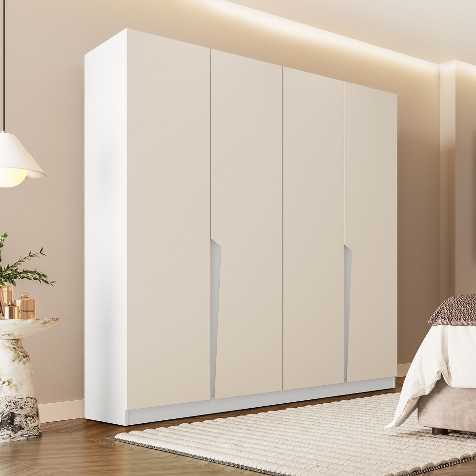 Guarda-Roupa Casal Porto 4 Portas 4 Gavetas Branco e Creme