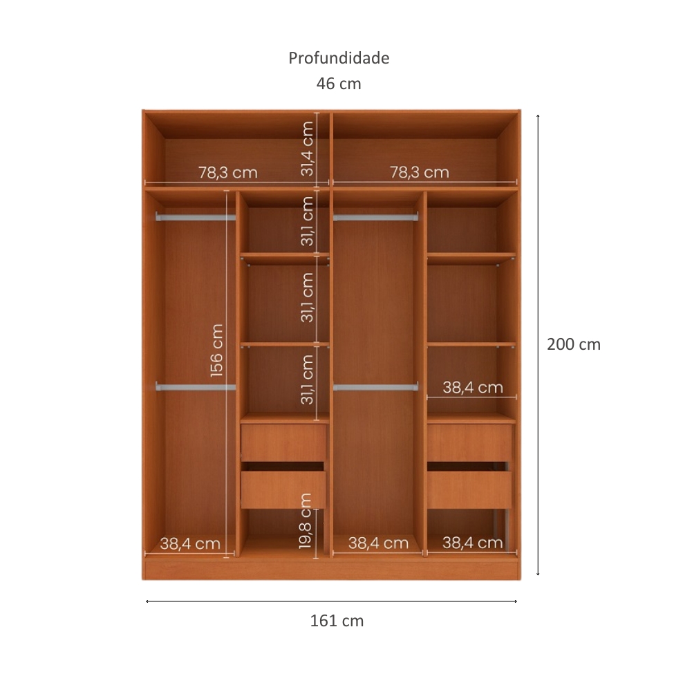 Guarda-Roupa Casal Porto 4 Portas 4 Gavetas Freijó e Branco