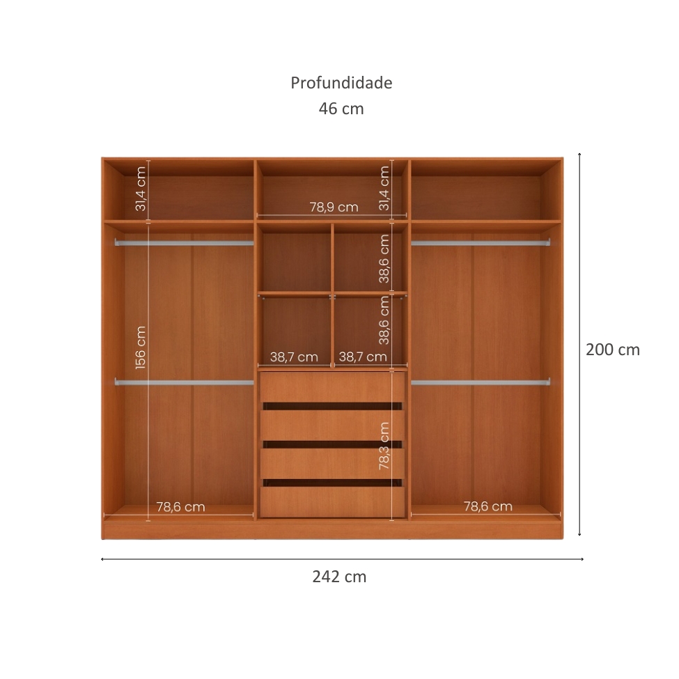 Guarda-Roupa Casal Porto 6 Portas 4 Gavetas Freijó e Azul