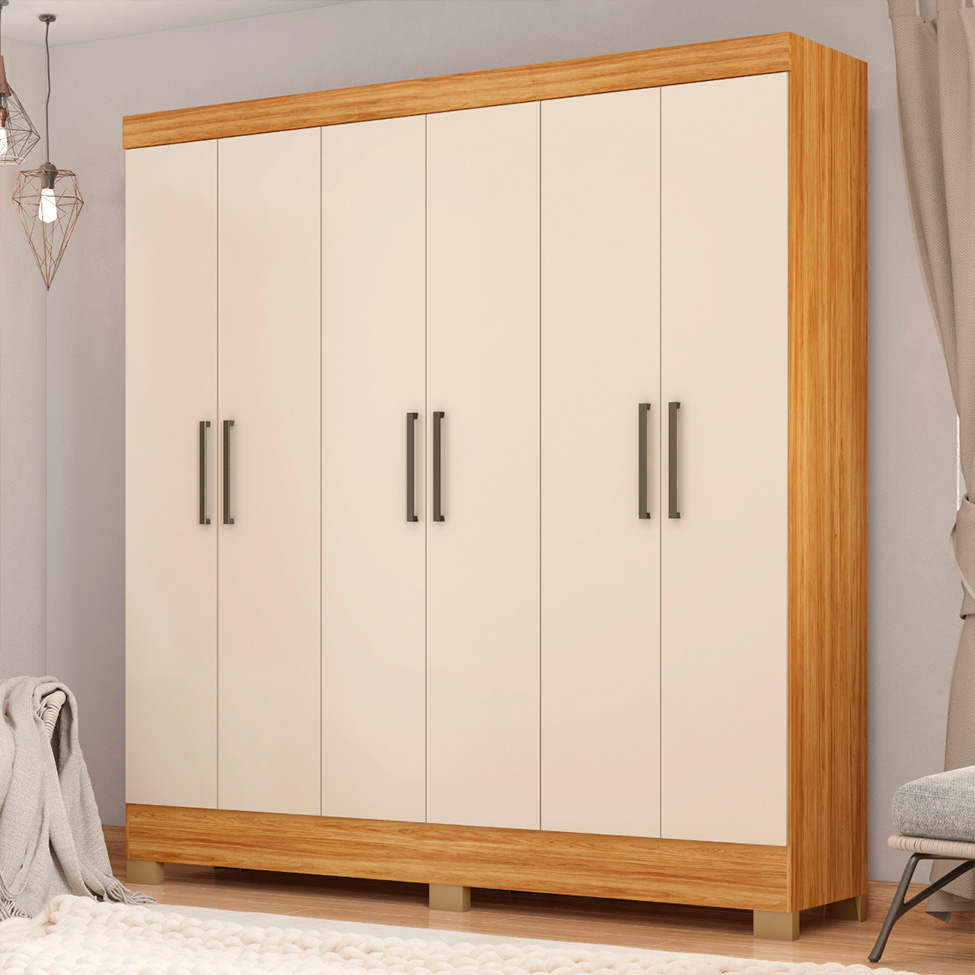 Guarda-Roupa Casal Prático 6 Portas 3 Gavetas Cinamon e Off White