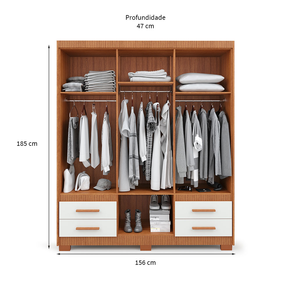 Guarda-Roupa Casal Primacy 6 Portas 4 Gavetas Freijó Wood e Off White