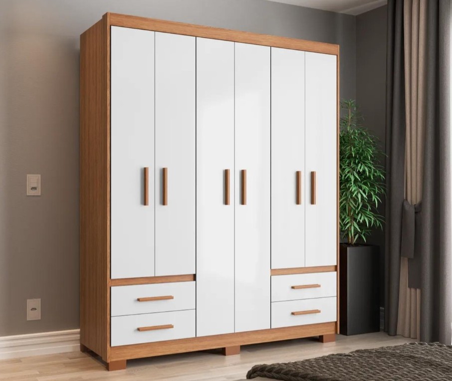 Guarda-Roupa Casal Primacy 6 Portas 4 Gavetas Freijó Wood e Off White