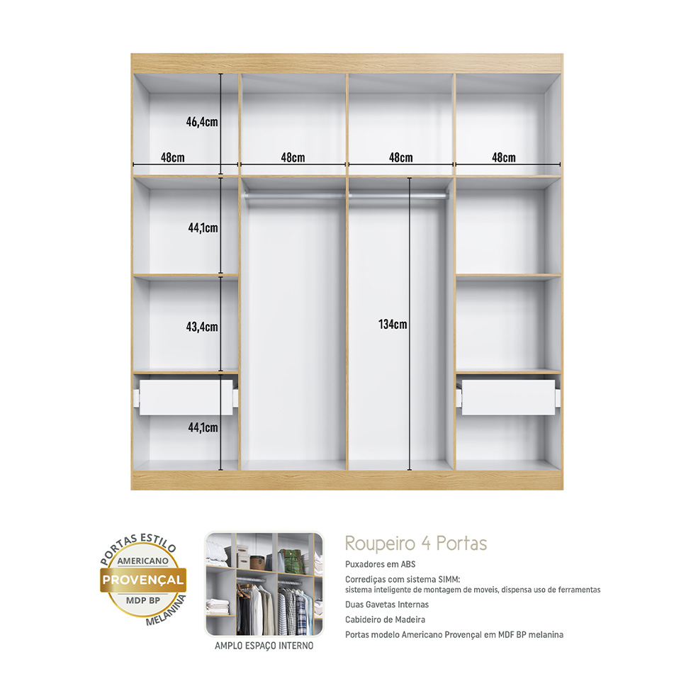 Guarda-Roupa Casal Provençal 4 PT 2 GV Savana e Branco