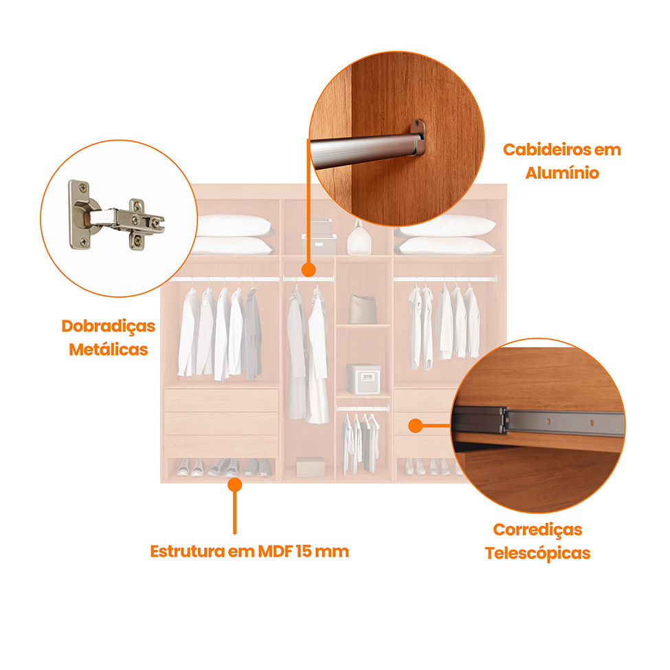 Guarda-Roupa Casal Pulse 100% MDF 6 Portas 6 Gavetas Naturalle