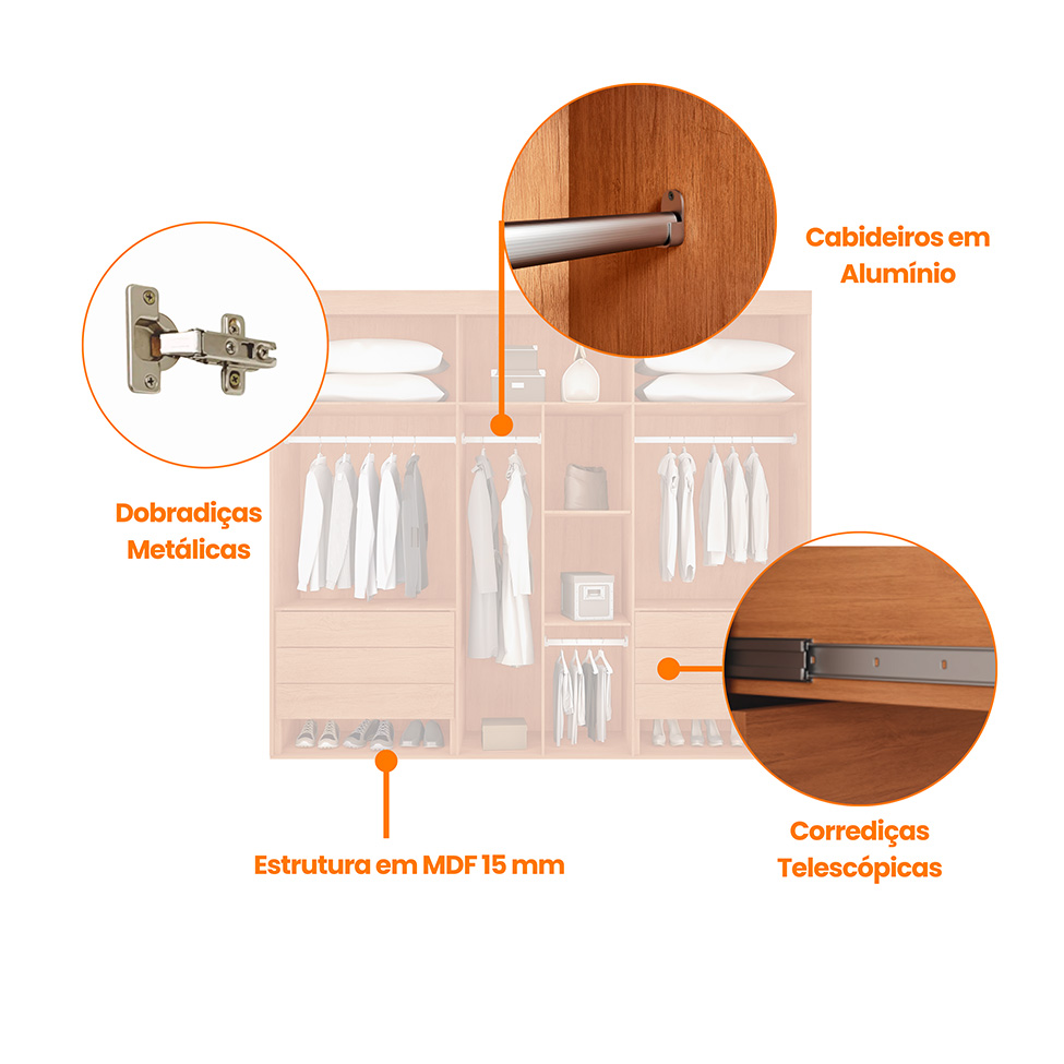 Guarda-Roupa Casal Pulse 100% MDF 6 Portas 6 Gavetas Naturalle e Off White