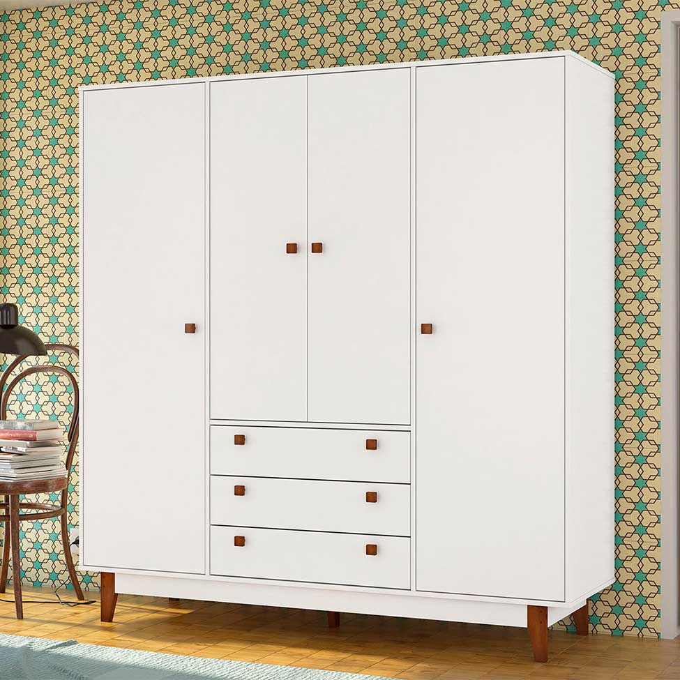 Guarda-Roupa Casal Retrô 4 Portas 3 Gavetas Branco