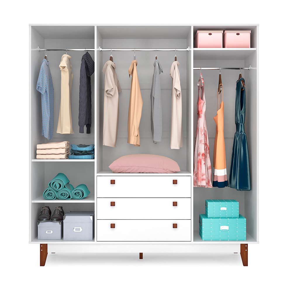 Guarda-Roupa Casal Retrô 4 Portas 3 Gavetas Branco