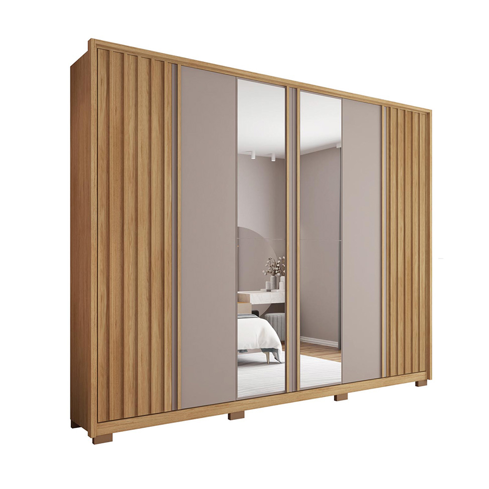 Guarda-Roupa Casal Ripado com 2 Espelhos Apollo 6 Portas 4 Gavetas Buriti e Fendi