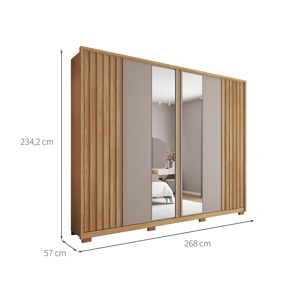 Guarda-Roupa Casal Ripado com 2 Espelhos Apollo 6 Portas 4 Gavetas Buriti e Fendi