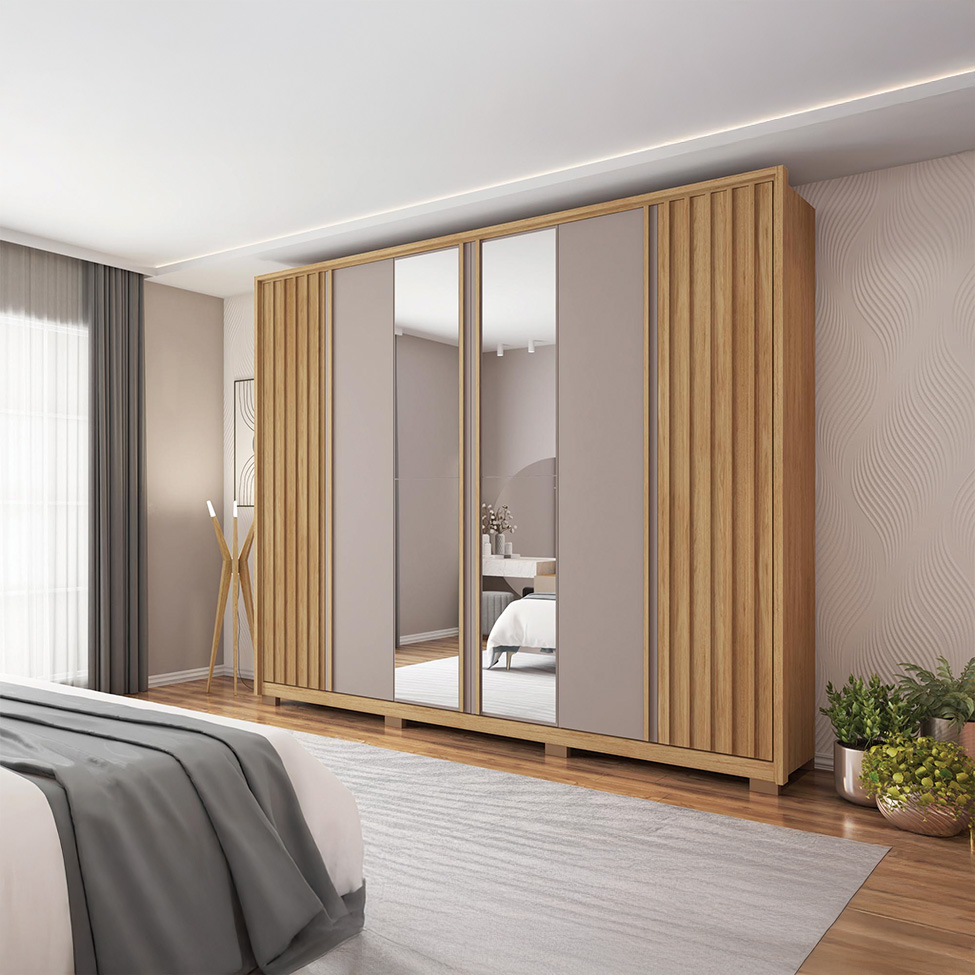 Guarda-Roupa Casal Ripado com 2 Espelhos Apollo 6 Portas 4 Gavetas Buriti e Fendi