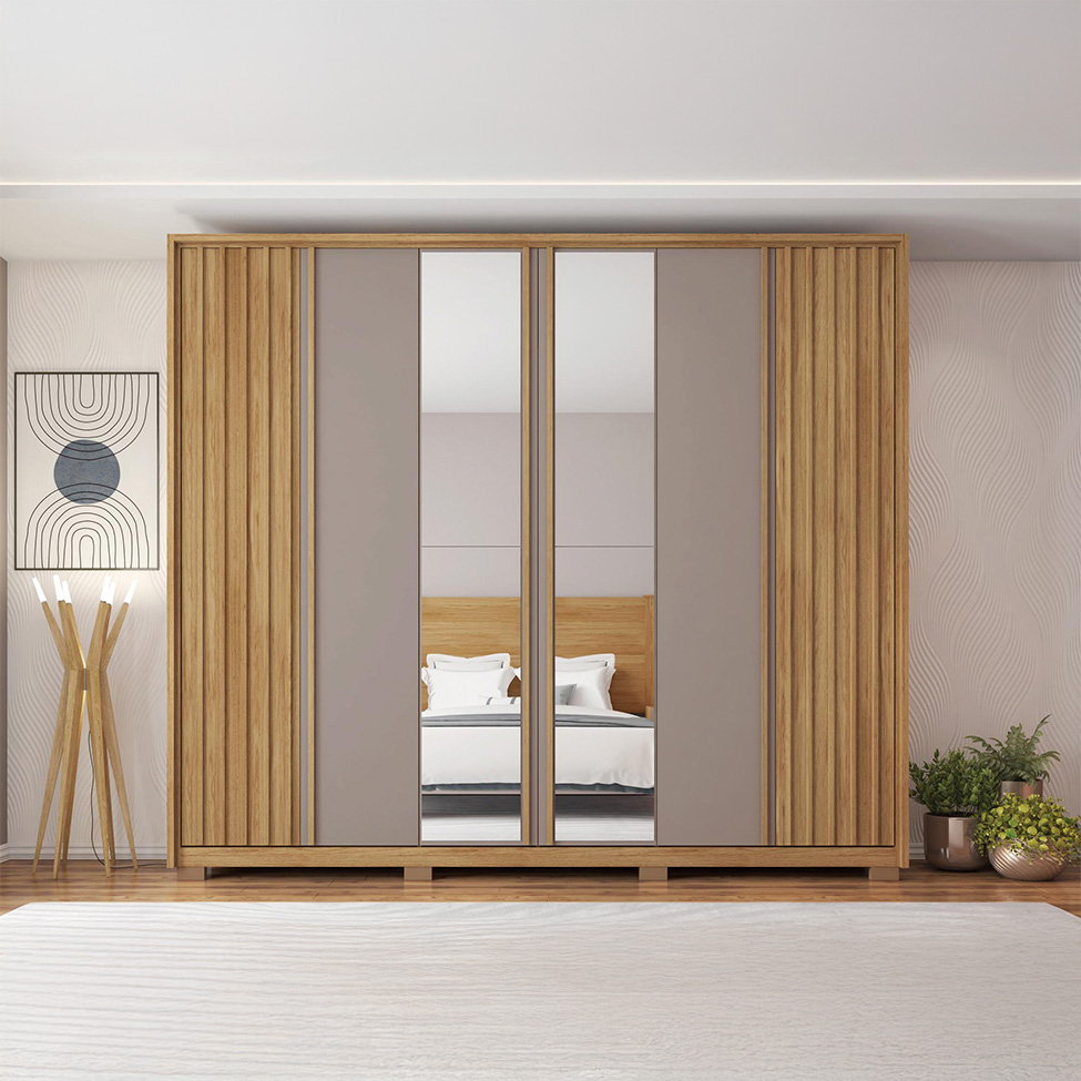 Guarda-Roupa Casal Ripado com 2 Espelhos Apollo 6 Portas 4 Gavetas Buriti e Fendi