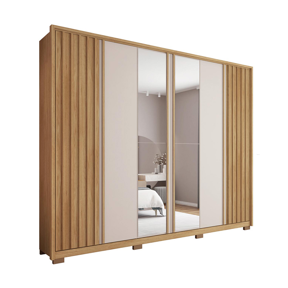 Guarda-Roupa Casal Ripado com 2 Espelhos Apollo 6 Portas 4 Gavetas Buriti e Off White