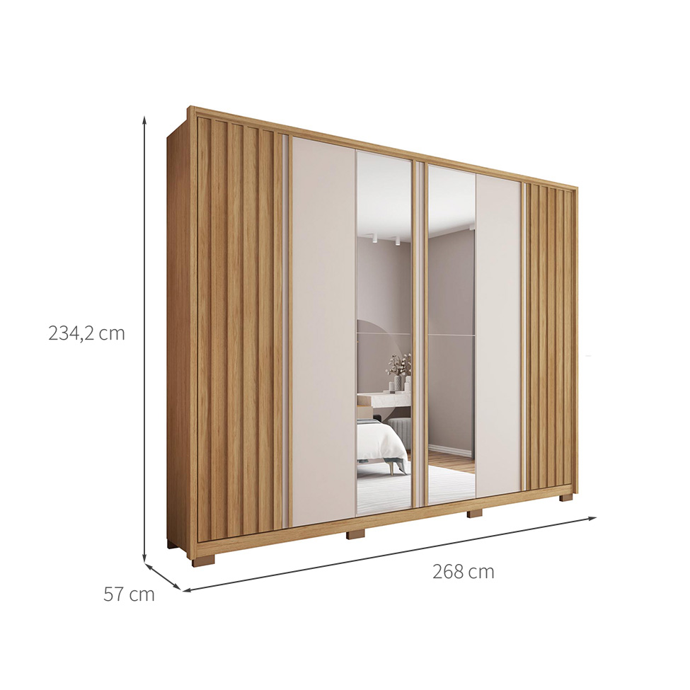 Guarda-Roupa Casal Ripado com 2 Espelhos Apollo 6 Portas 4 Gavetas Buriti e Off White