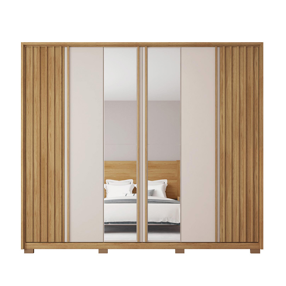 Guarda-Roupa Casal Ripado com 2 Espelhos Apollo 6 Portas 4 Gavetas Buriti e Off White