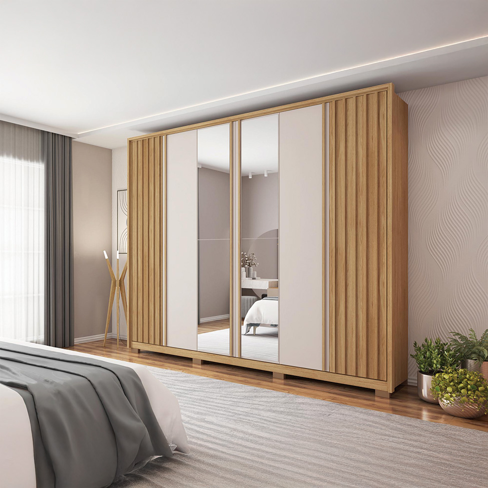 Guarda-Roupa Casal Ripado com 2 Espelhos Apollo 6 Portas 4 Gavetas Buriti e Off White