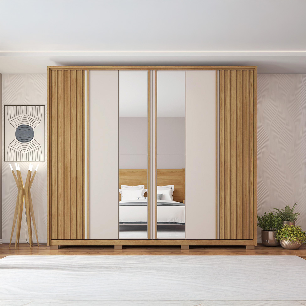 Guarda-Roupa Casal Ripado com 2 Espelhos Apollo 6 Portas 4 Gavetas Buriti e Off White