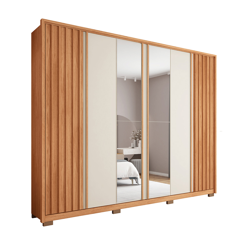 Guarda-Roupa Casal Ripado com 2 Espelhos Apollo 6 Portas 4 Gavetas Freijó e Off White