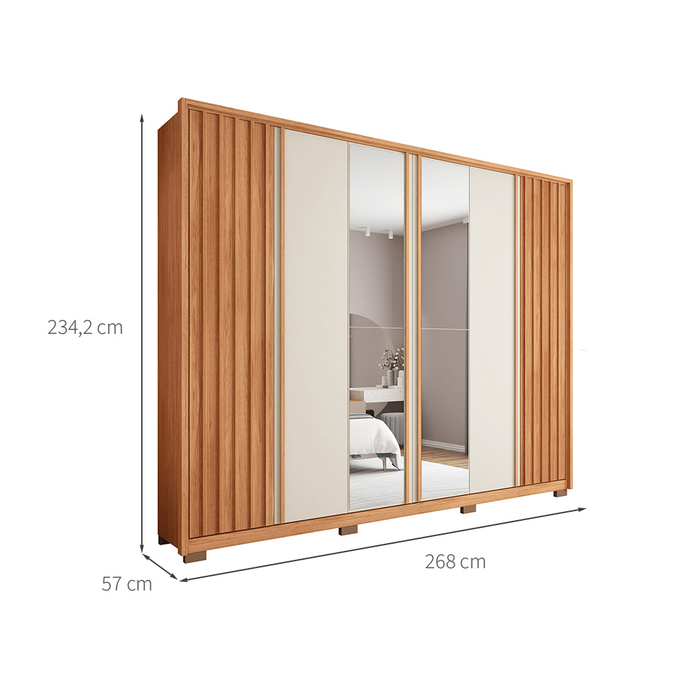 Guarda-Roupa Casal Ripado com 2 Espelhos Apollo 6 Portas 4 Gavetas Freijó e Off White