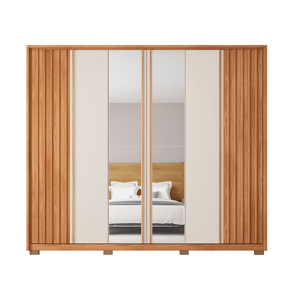Guarda-Roupa Casal Ripado com 2 Espelhos Apollo 6 Portas 4 Gavetas Freijó e Off White