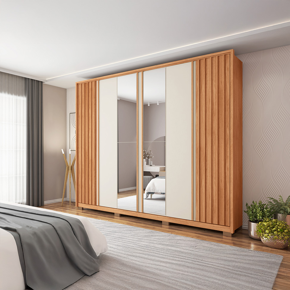 Guarda-Roupa Casal Ripado com 2 Espelhos Apollo 6 Portas 4 Gavetas Freijó e Off White