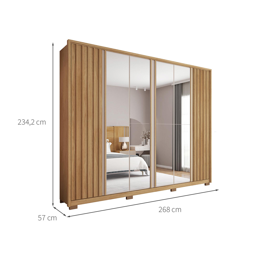Guarda-Roupa Casal Ripado com 4 Espelhos Apollo 6 Portas 4 Gavetas Buriti e Off White