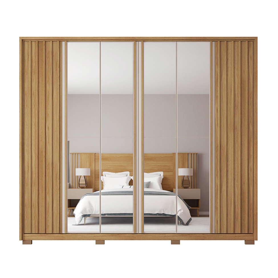 Guarda-Roupa Casal Ripado com 4 Espelhos Apollo 6 Portas 4 Gavetas Buriti e Off White