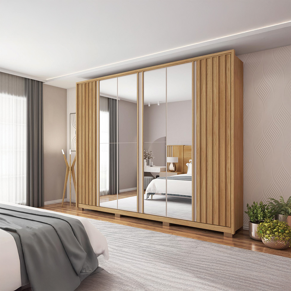 Guarda-Roupa Casal Ripado com 4 Espelhos Apollo 6 Portas 4 Gavetas Buriti e Off White