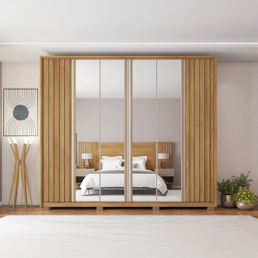 Guarda-Roupa Casal Ripado com 4 Espelhos Apollo 6 Portas 4 Gavetas Buriti e Off White