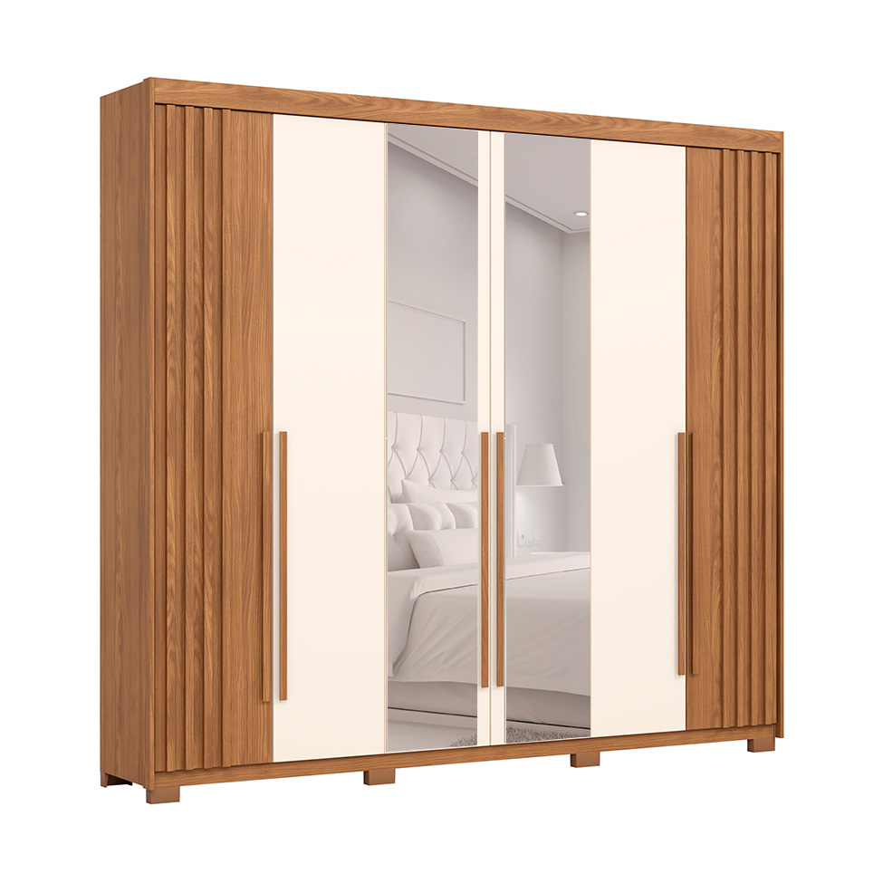 Guarda-Roupa Casal Ripado com Espelho Norton 6 Portas 4 Gavetas Nature e Off White