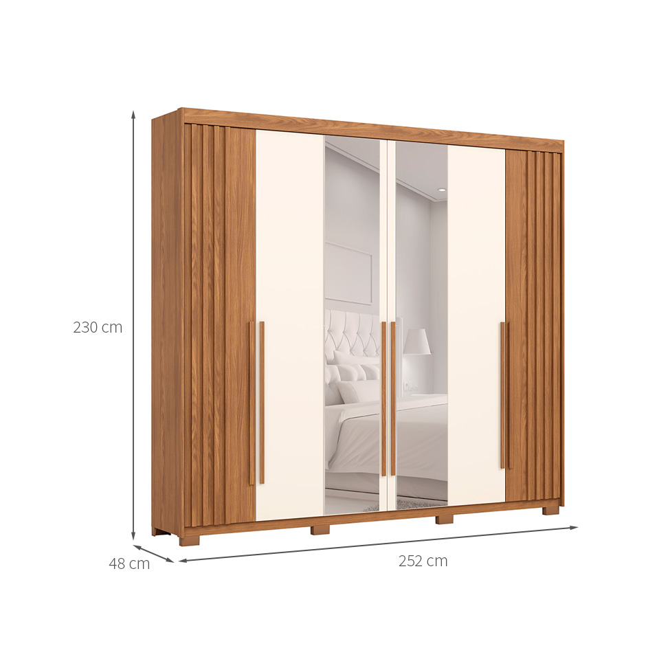 Guarda-Roupa Casal Ripado com Espelho Norton 6 Portas 4 Gavetas Nature e Off White