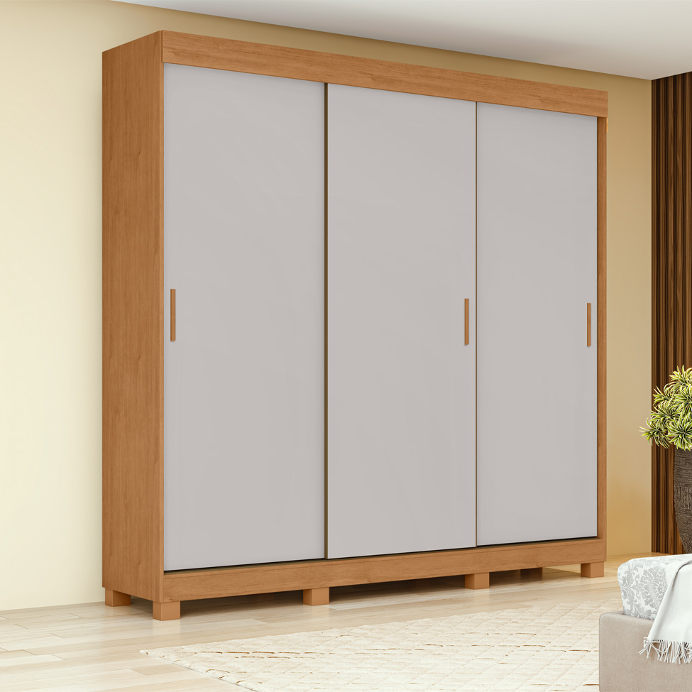Guarda-Roupa Casal Saion com Pés 3 Portas 3 Gavetas Off White e Amêndoa