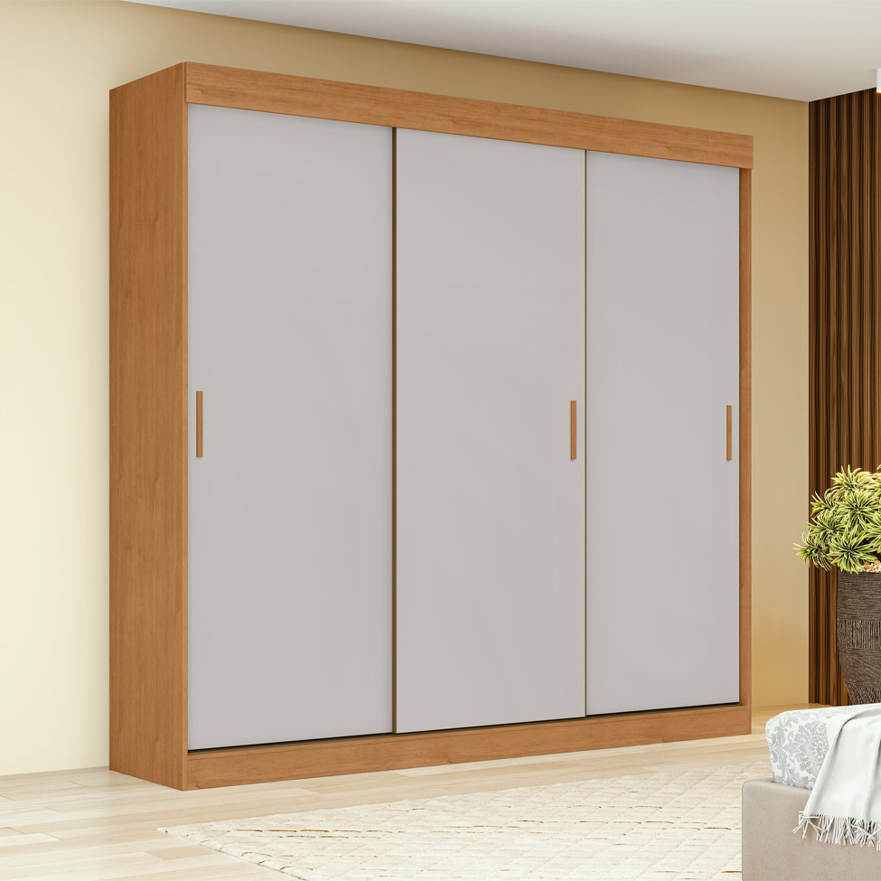 Guarda-Roupa Casal Saion sem Pés 3 Portas 3 Gavetas Off White e Amêndoa