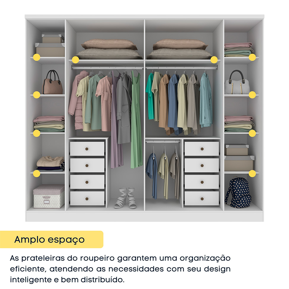 Guarda-Roupa Casal Sevila com Pés 6 Portas 8 Gavetas Neve