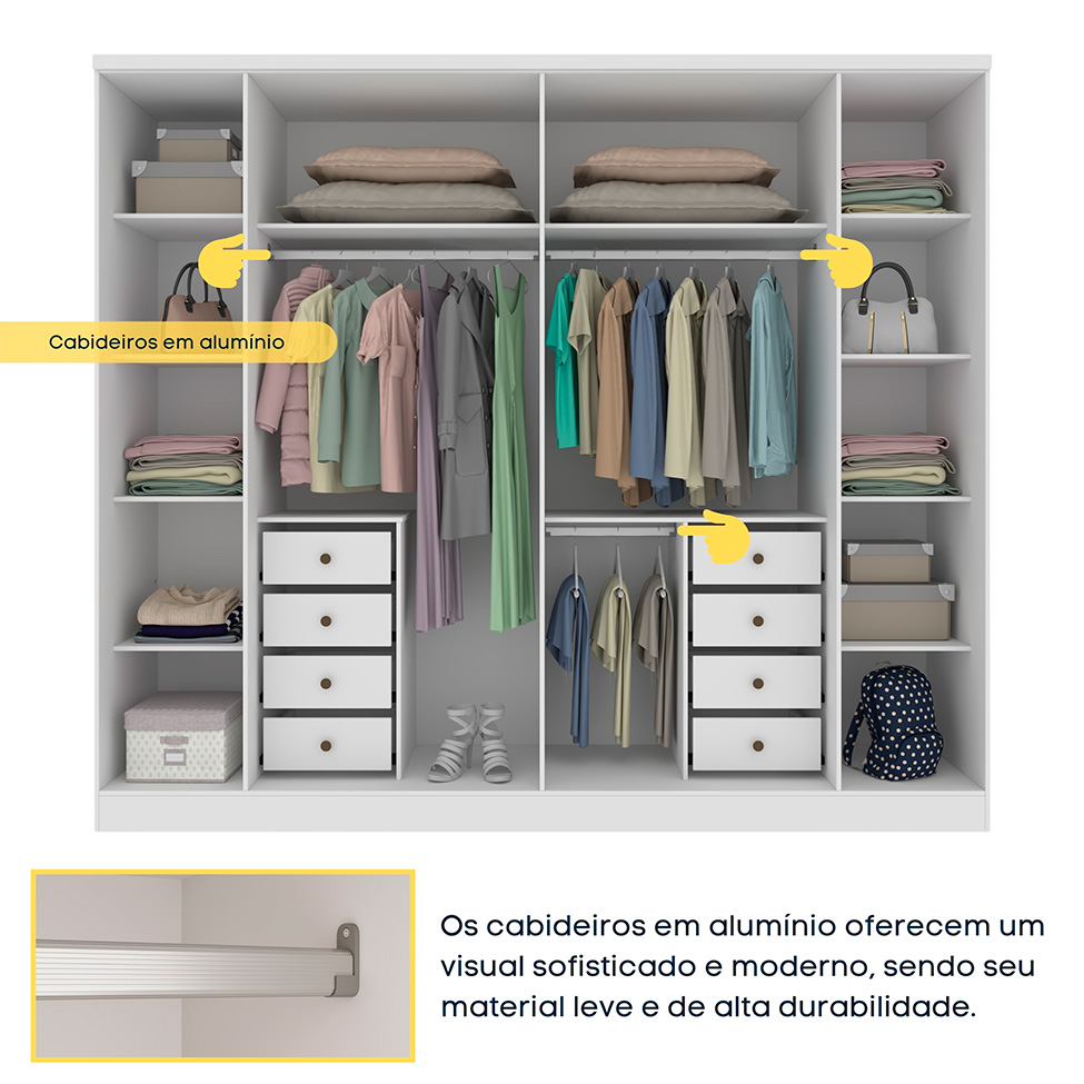 Guarda-Roupa Casal Sevila com Pés 6 Portas 8 Gavetas Neve