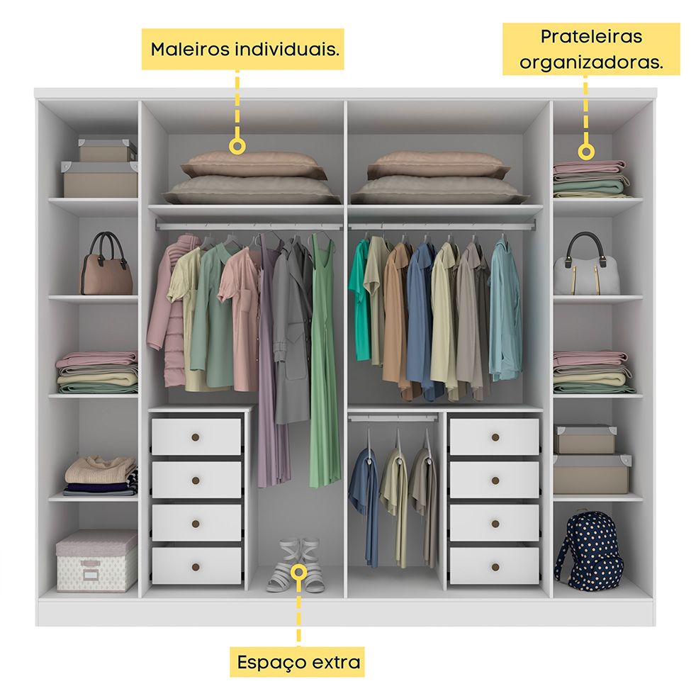 Guarda-Roupa Casal Sevila com Pés 6 Portas 8 Gavetas Neve