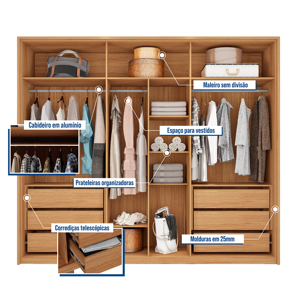 Guarda-Roupa Casal Sevilha 6 Portas 6 Gavetas Buriti e Fendi