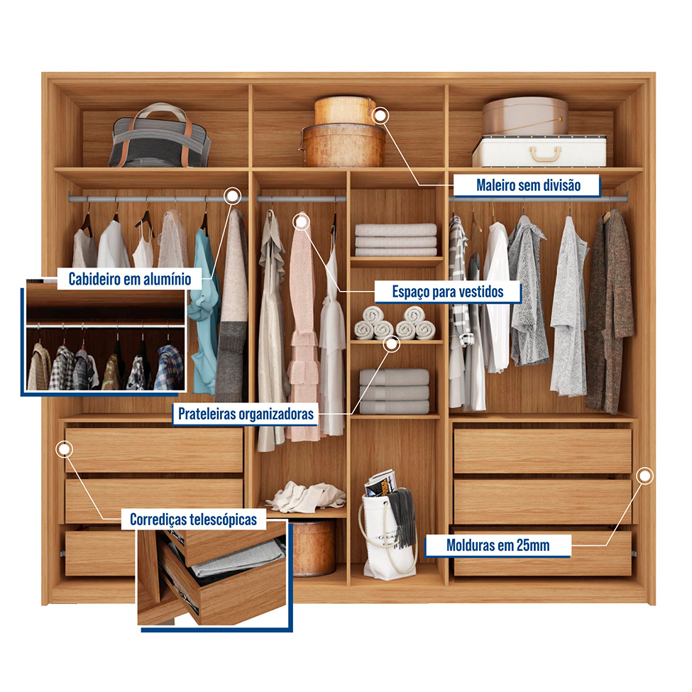 Guarda-Roupa Casal Sevilha 6 Portas 6 Gavetas Buriti e Off White
