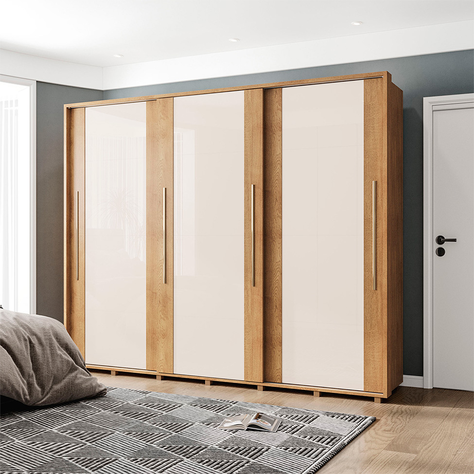 Guarda-Roupa Casal Sevilha Flex 3 Portas 4 Gavetas Off White e Freijó
