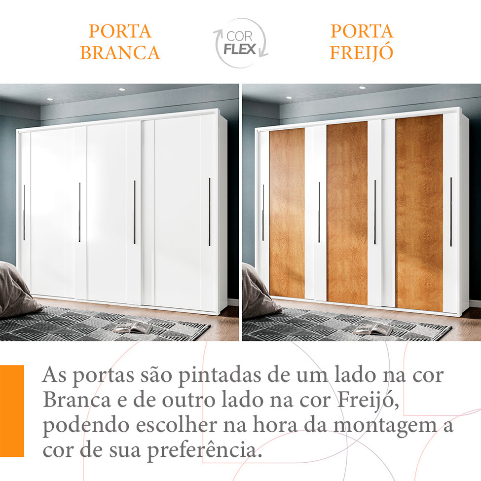 Guarda-Roupa Casal Sevilha Flex com Pés 3 Portas 4 Gavetas Freijó e Branco