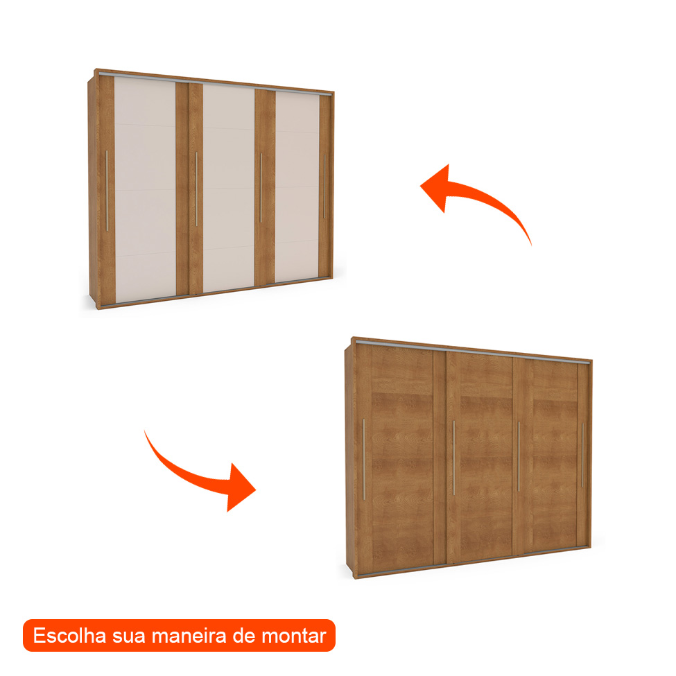 Guarda-Roupa Casal Sevilha Flex com Pés 3 Portas 4 Gavetas Freijó e Off White 213cm
